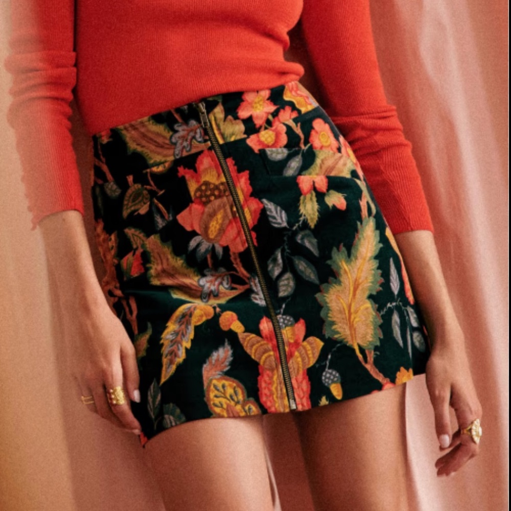 Sezane Black Floral Embroidered Mini Skirt with Orange Accents